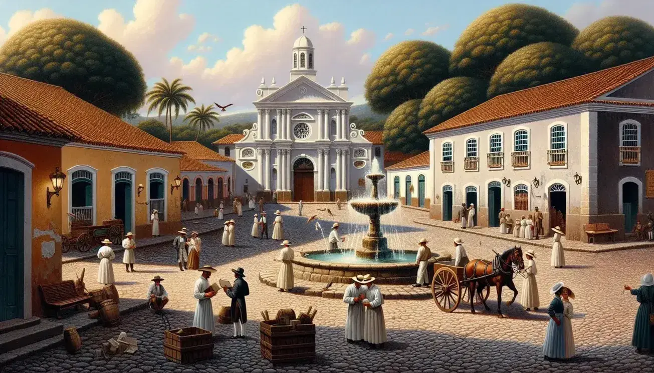Plaza colonial con edificios pastel, fuente de piedra, personas en vestimenta de época, iglesia con torre, carro tirado por caballo y cielo azul.