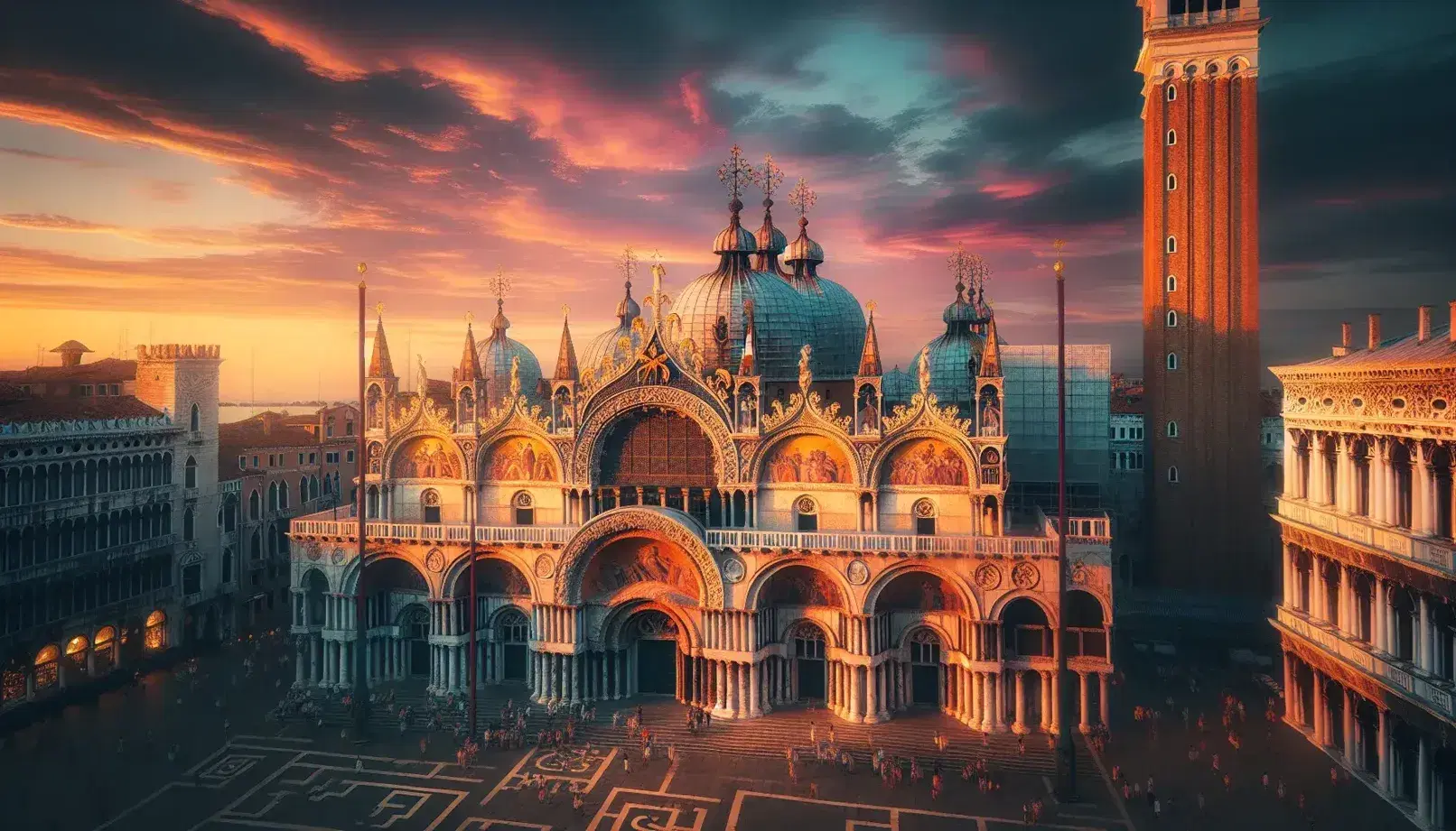 Basilica di San Marco a Venezia illuminata da un tramonto dorato, con dettagli architettonici e mosaici in evidenza sotto un cielo sfumato blu-rosa.