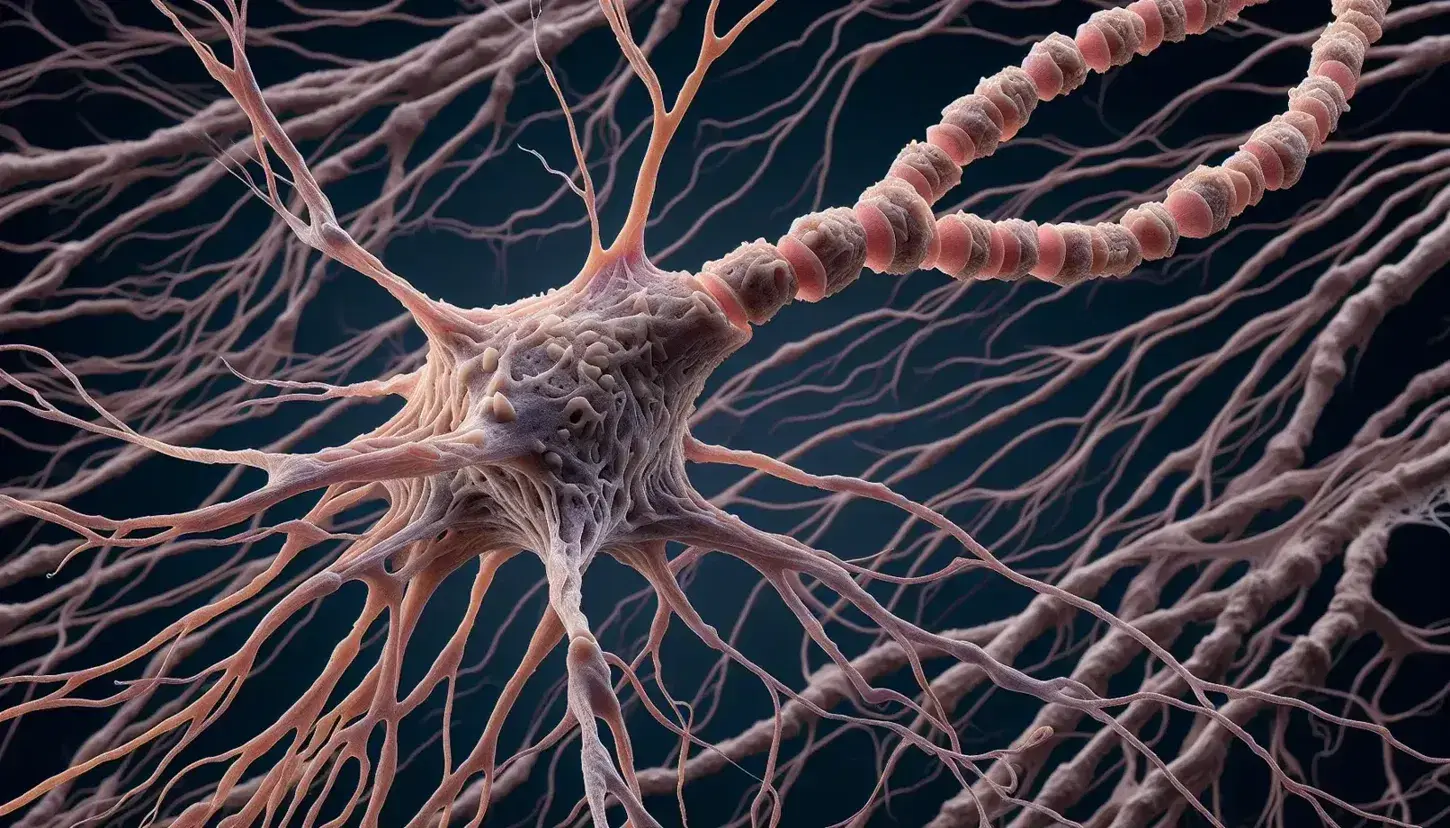 Red neuronal microscópica con neurona prominente, dendritas entrelazadas y axón con engrosamientos periódicos sobre fondo azul oscuro.