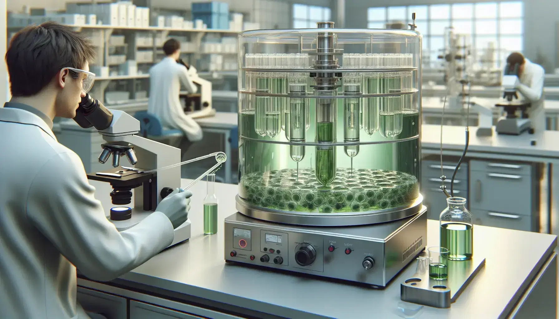 Scientist in lab coat sampling green liquid from a glass bioreactor with internal paddles, beside a microscope on a lab bench, with shelves of reagents in the background.