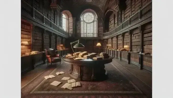 Biblioteca antica con scaffali in legno scuro pieni di libri rilegati, tavolo ovale con libri aperti, lampada in ottone e poltrona in pelle.
