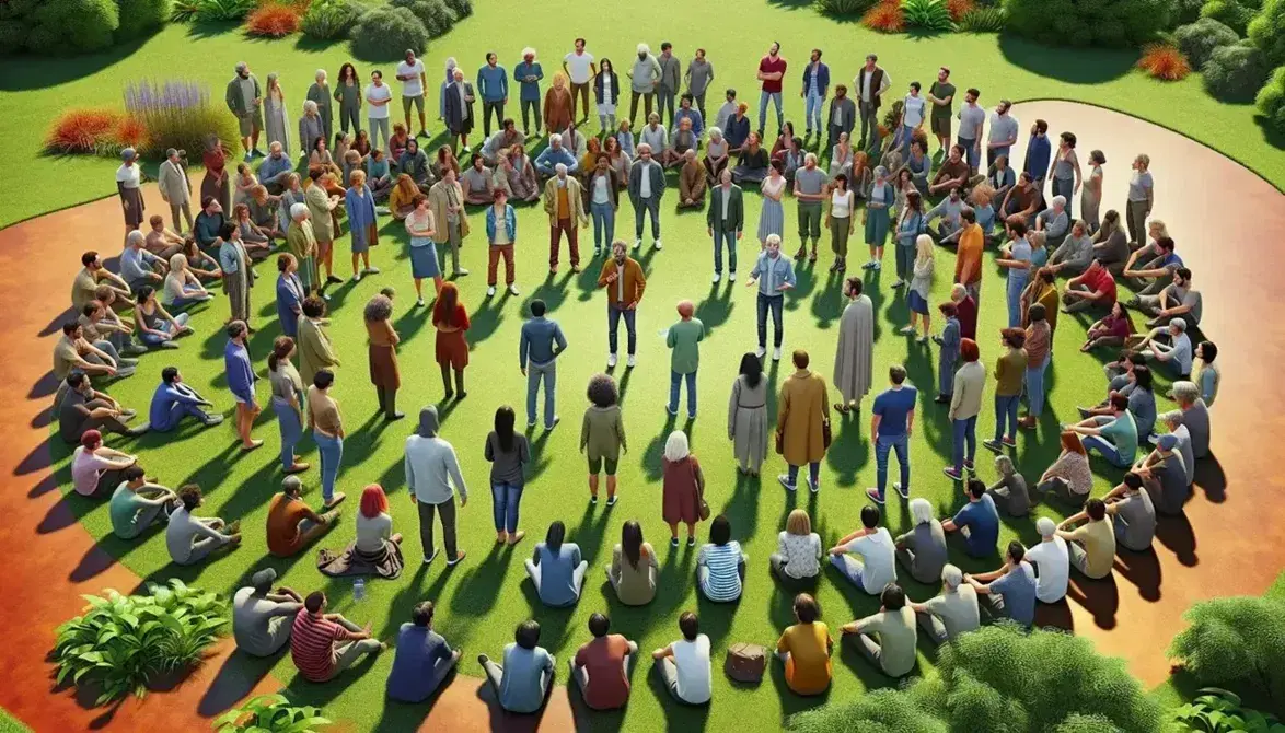 Grupo diverso de personas en un parque atendiendo a un orador en un día soleado, reflejando interacción y comunicación en un entorno natural.
