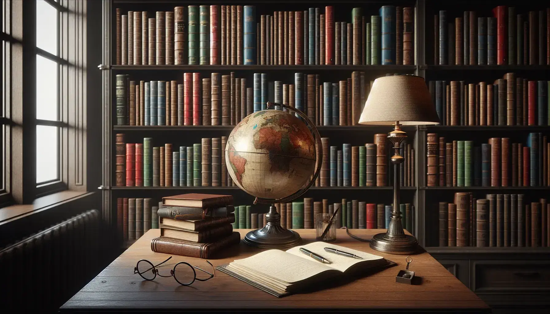 Estantería de madera oscura repleta de libros de tapa dura con lomos de colores variados, globo antiguo en el centro, mesa con gafas, cuaderno abierto y pluma estilográfica bajo una lámpara de pie.
