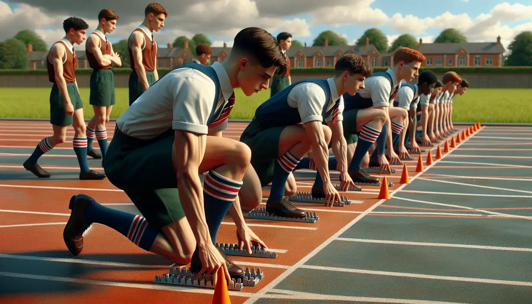 Estudiantes uniformados preparándose para una carrera en pista de atletismo al aire libre, con enfoque en un joven en posición de salida y otros calentando.