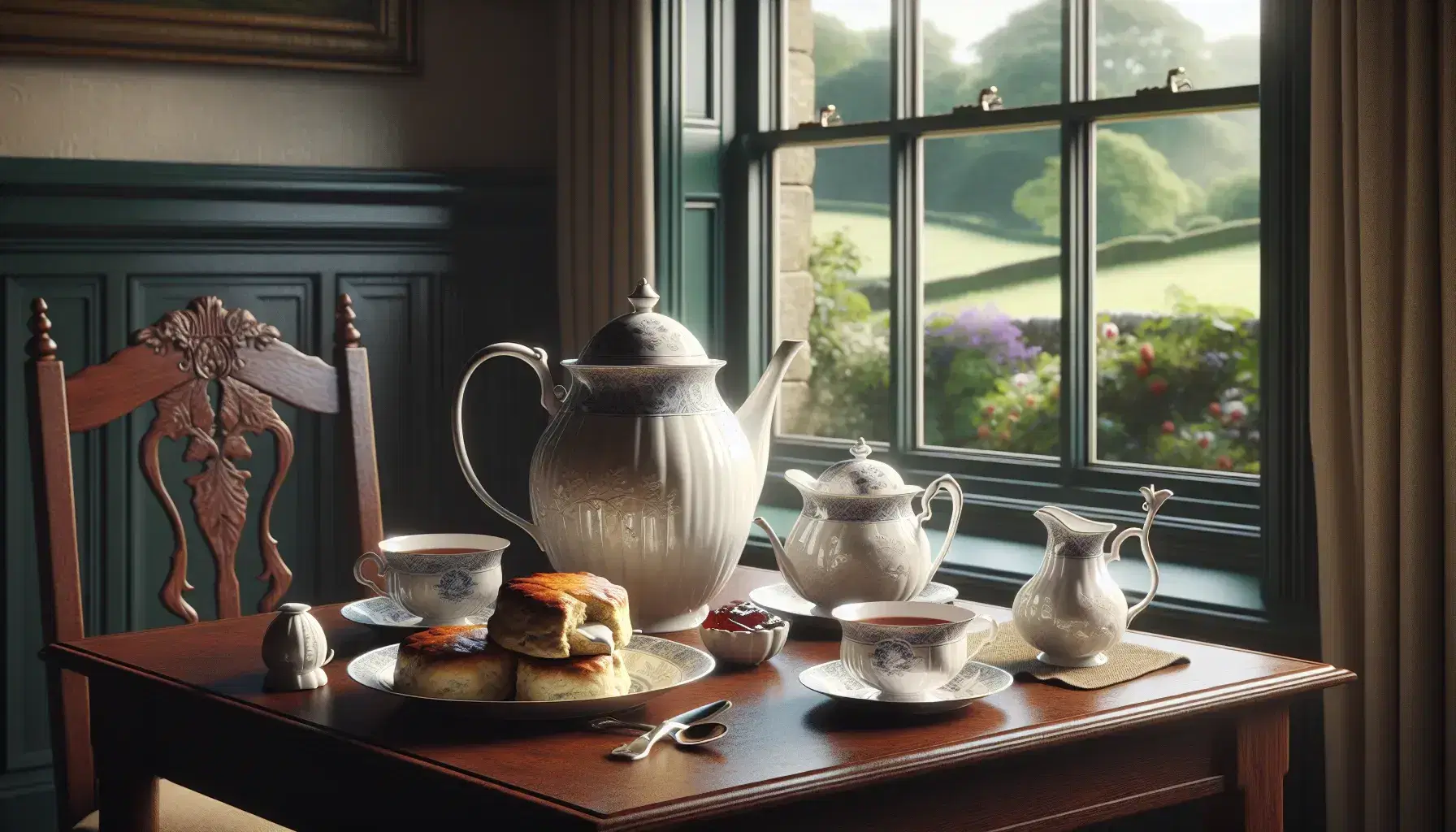 Traditional British tea room with porcelain teapot, cups, scones with clotted cream and jam, set on a wooden table against a countryside view.