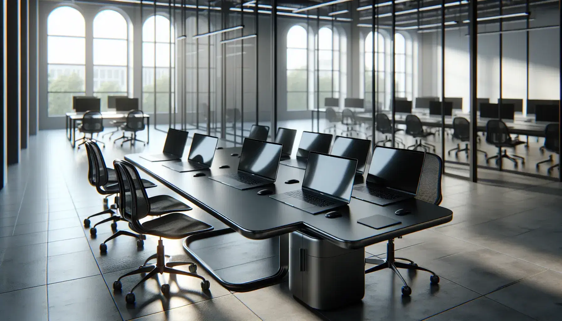 Modern computer lab with four silver laptops on black table, ergonomic chairs and large windows letting in natural light.