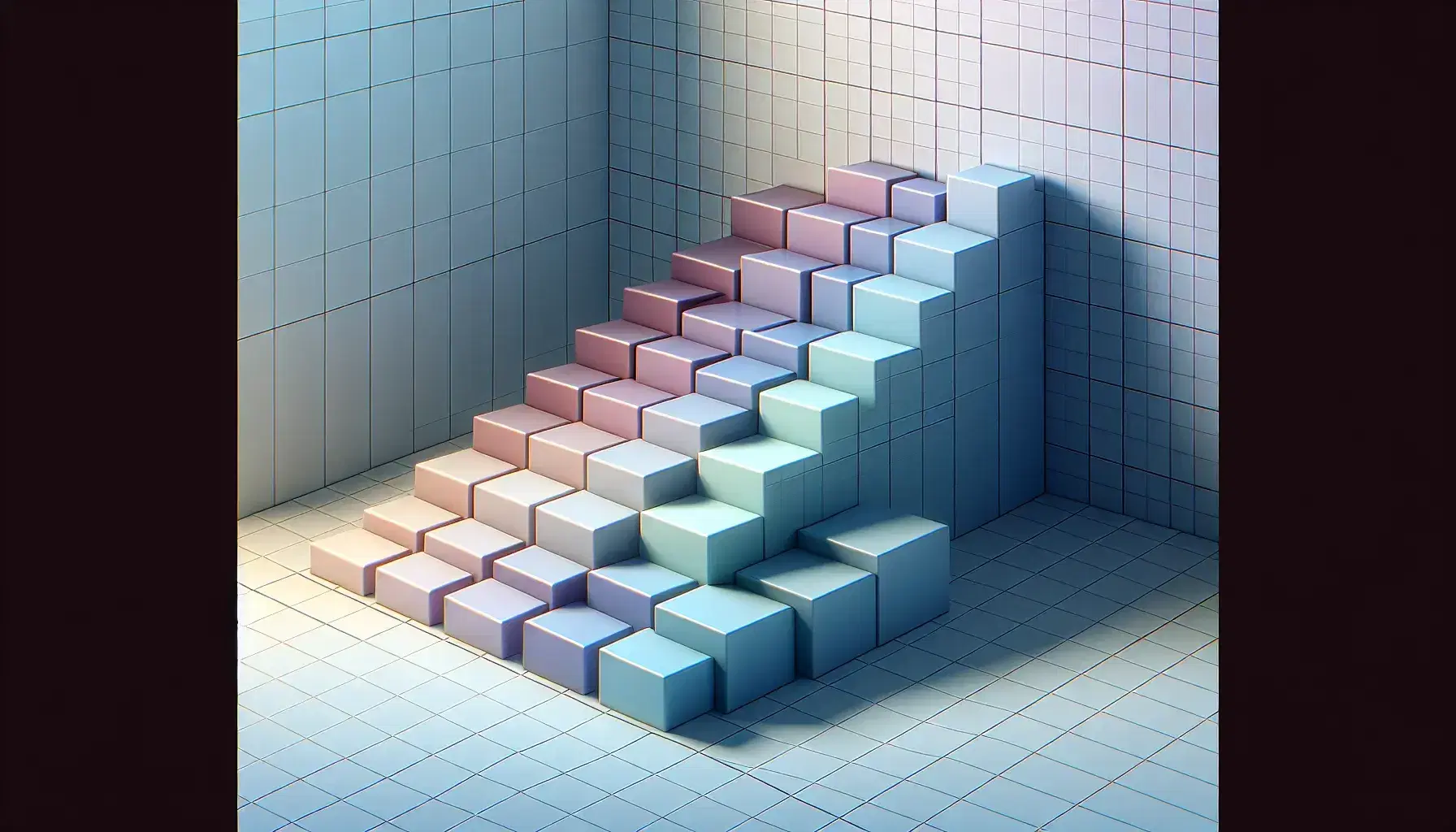 Gradient colored blocks in a staircase pattern with smallest at the base ascending to largest at the top, against a faint grid background.