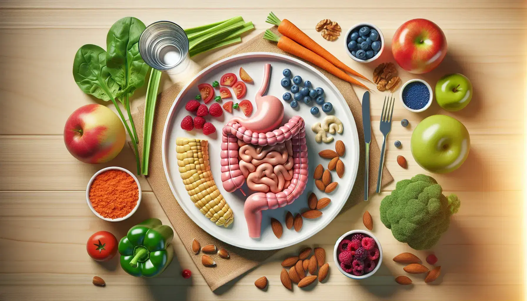 Vista superior de una mesa con alimentos saludables y modelo anatómico del sistema digestivo humano en un plato, rodeado de espinacas, zanahorias, tomates, maíz, arándanos y almendras con un vaso de agua.