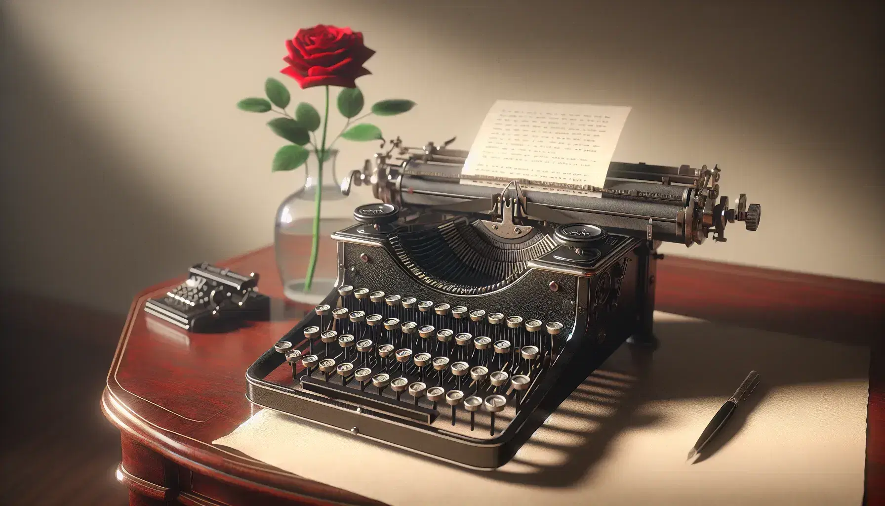 Antique black typewriter on a wooden desk with a blank paper and a red rose in a glass vase, in a softly lit, warm interior.