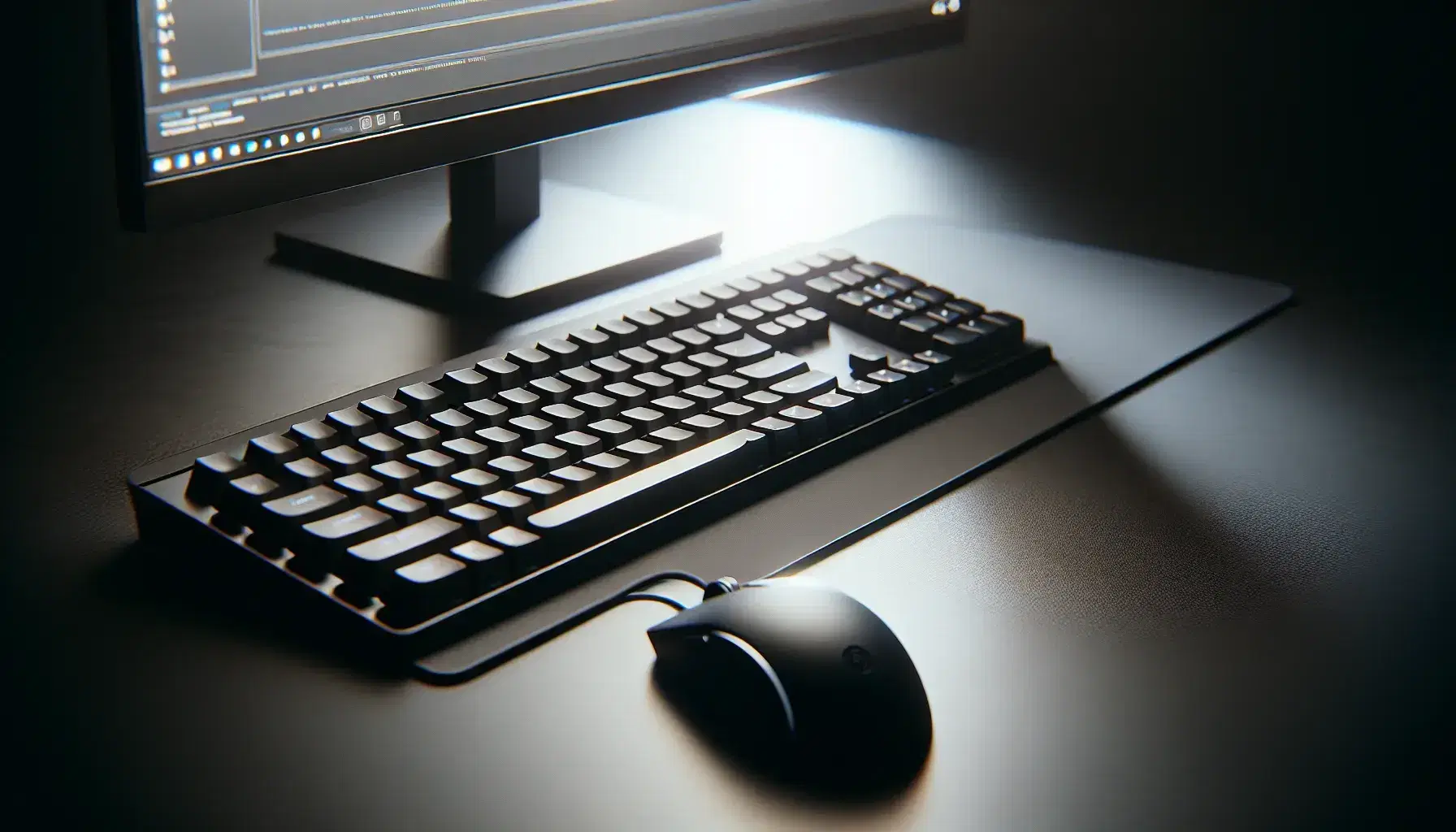 Close-up of matte black computer keyboard and ergonomic mouse on dark desk, monitor turned on with soft light, quiet working environment.