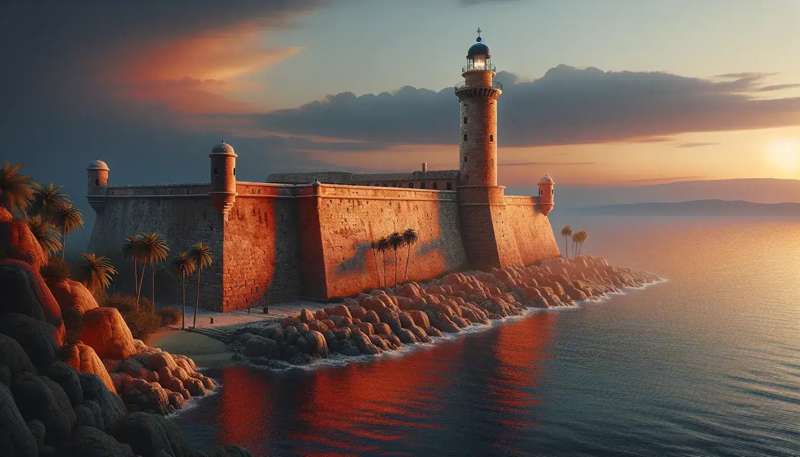 Sunset illuminates an ancient stone fortress with a lighthouse by a serene sea, surrounded by palm trees under a gradient sky.
