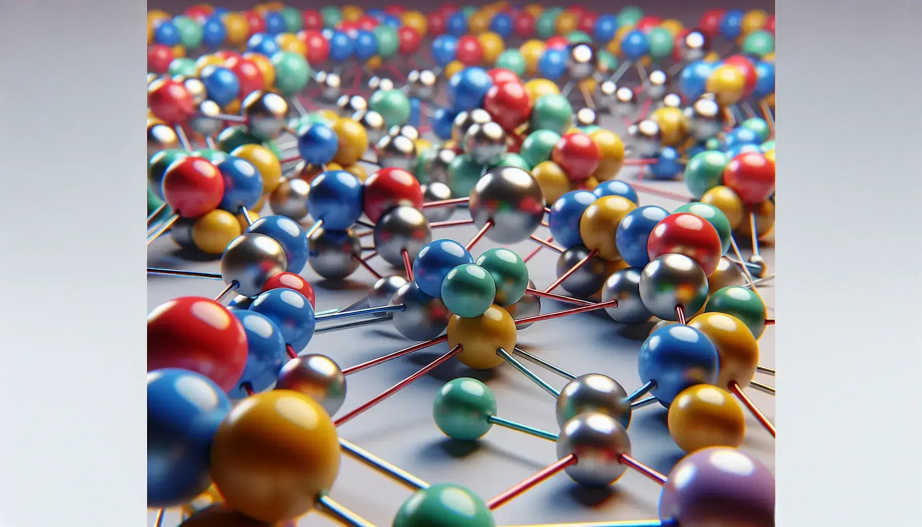 Colorful atomic models with pins simulating chemical bonds on a neutral background, highlighting the molecular structure in formation.