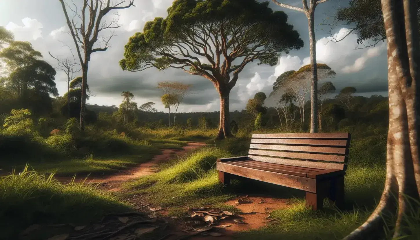 Banco de madera vacío en paisaje natural con árbol frondoso y camino de tierra, iluminado por el sol entre nubes parciales en otoño.