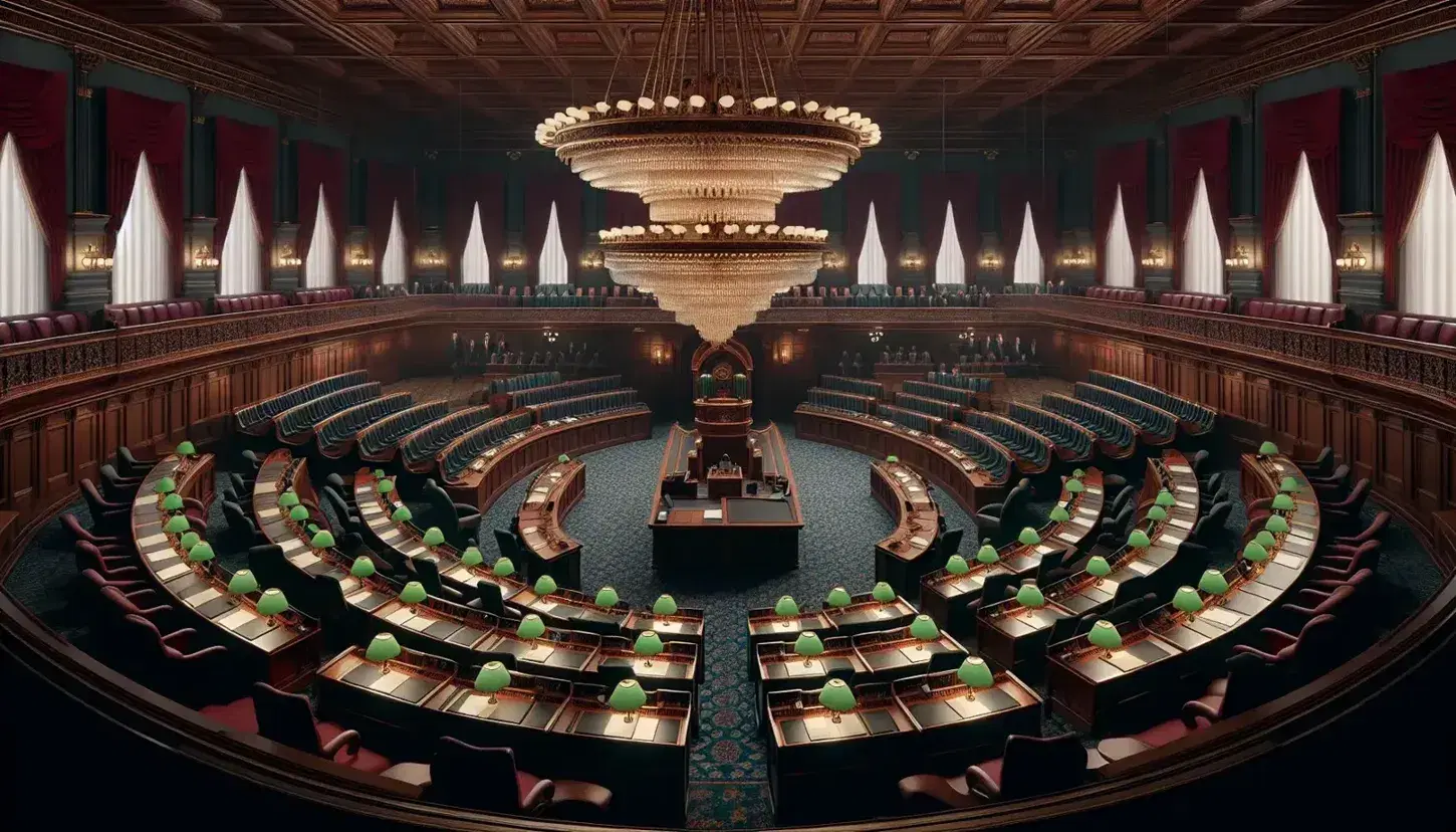 Elegant parliamentary chamber with tiered, wood desks, green lamps, central podium with microphone, ornate chandelier, red drapes, and blue carpet.