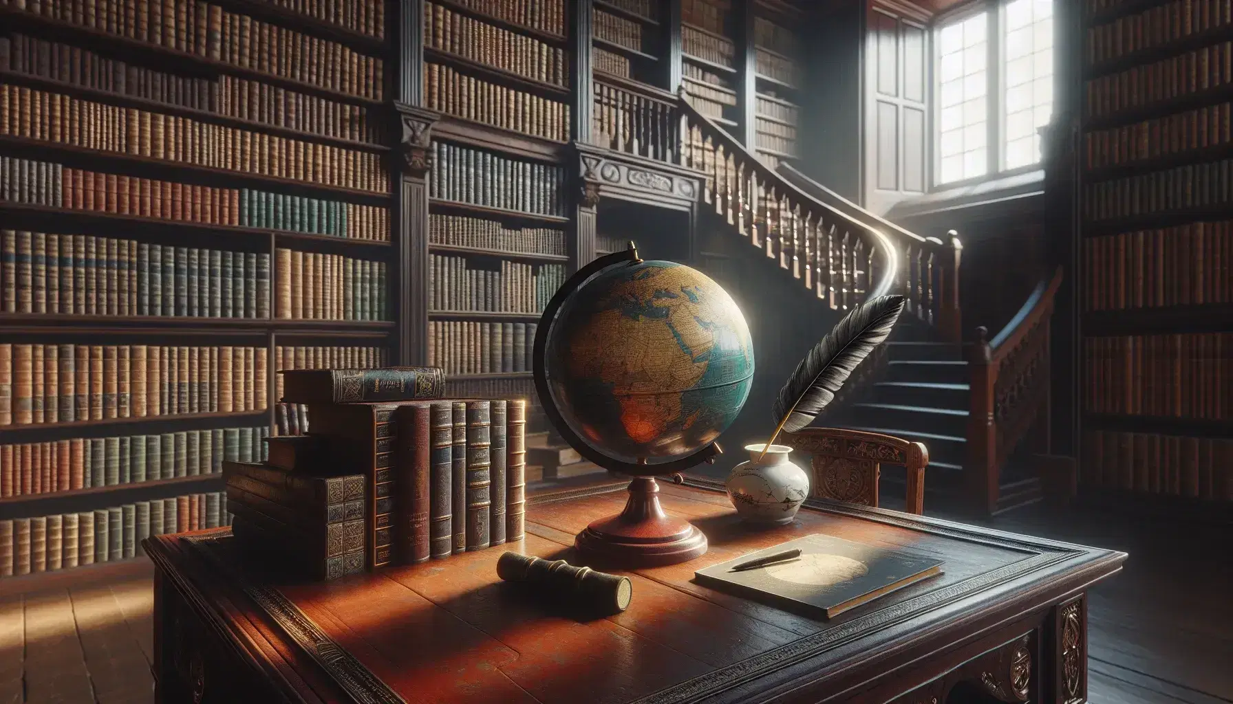 Biblioteca antigua con estanterías de madera oscura llenas de libros, mesa con globo terráqueo y pluma en tintero, luz natural por ventana.