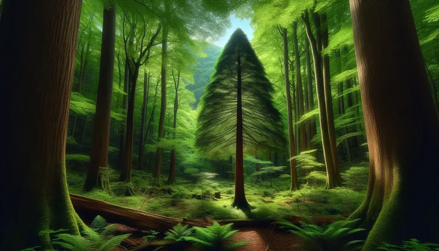 Lush forest landscape with a towering conical tree, diverse greenery, sun-dappled forest floor, and a clear blue sky above.