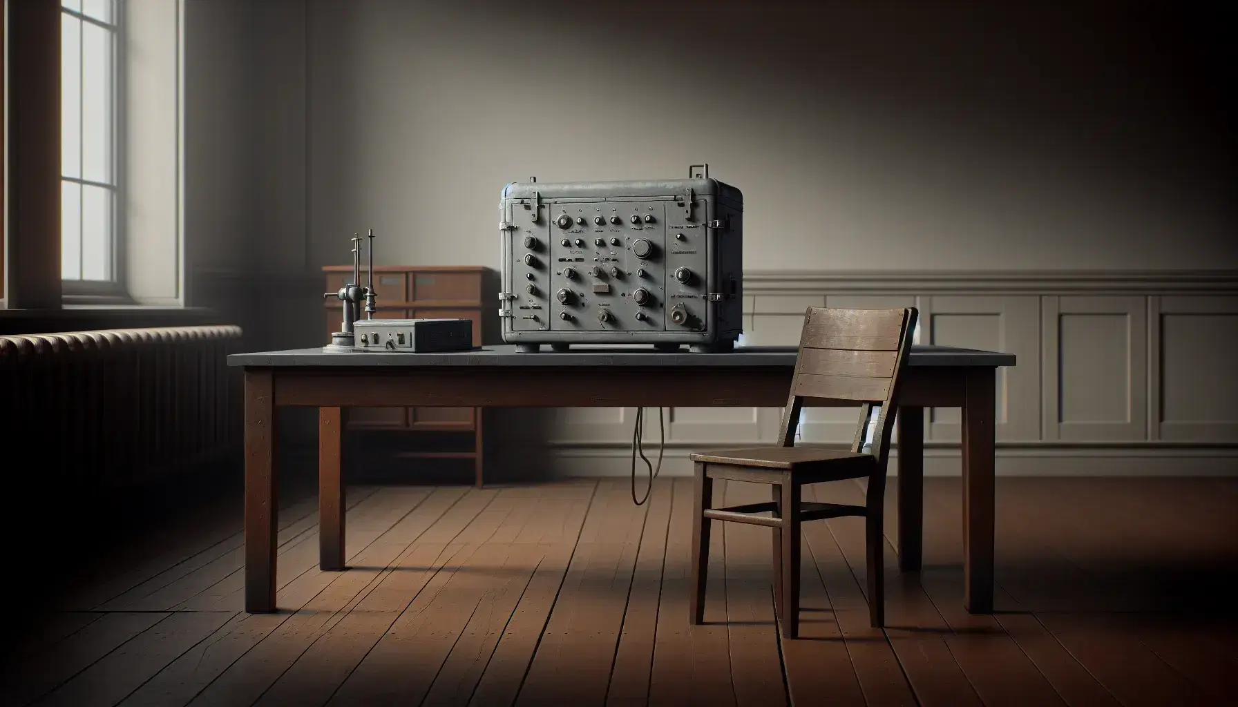 Vintage workshop with dark wooden table and gray metal box with knobs, next to simple wooden chair on neutral wall background.