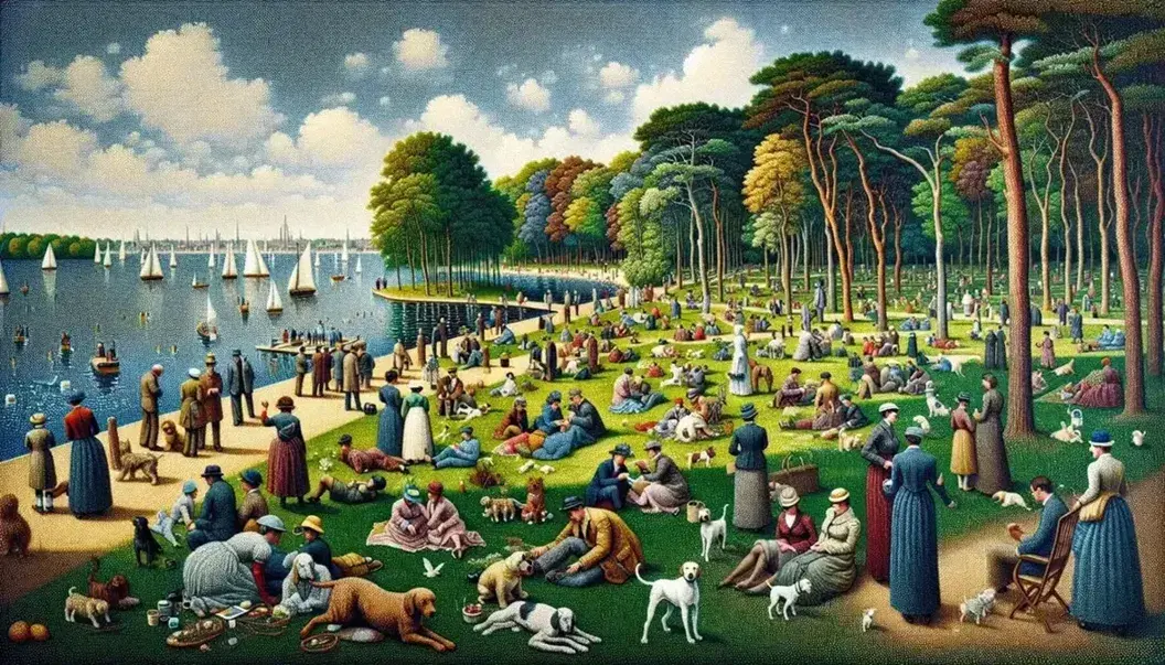 Scena di pointillismo con persone e animali in un parco su un'isola, circondati da alberi verdi e barche a vela su acqua azzurra.
