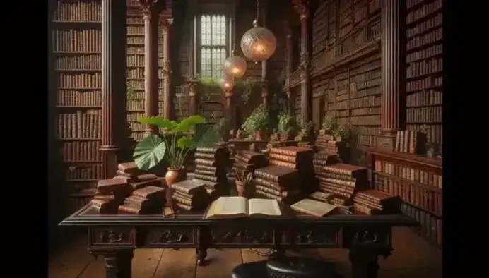 Biblioteca antica con scrivania in legno scuro, libri in pelle, scaffali colmi, lampade pendenti e pianta verde.