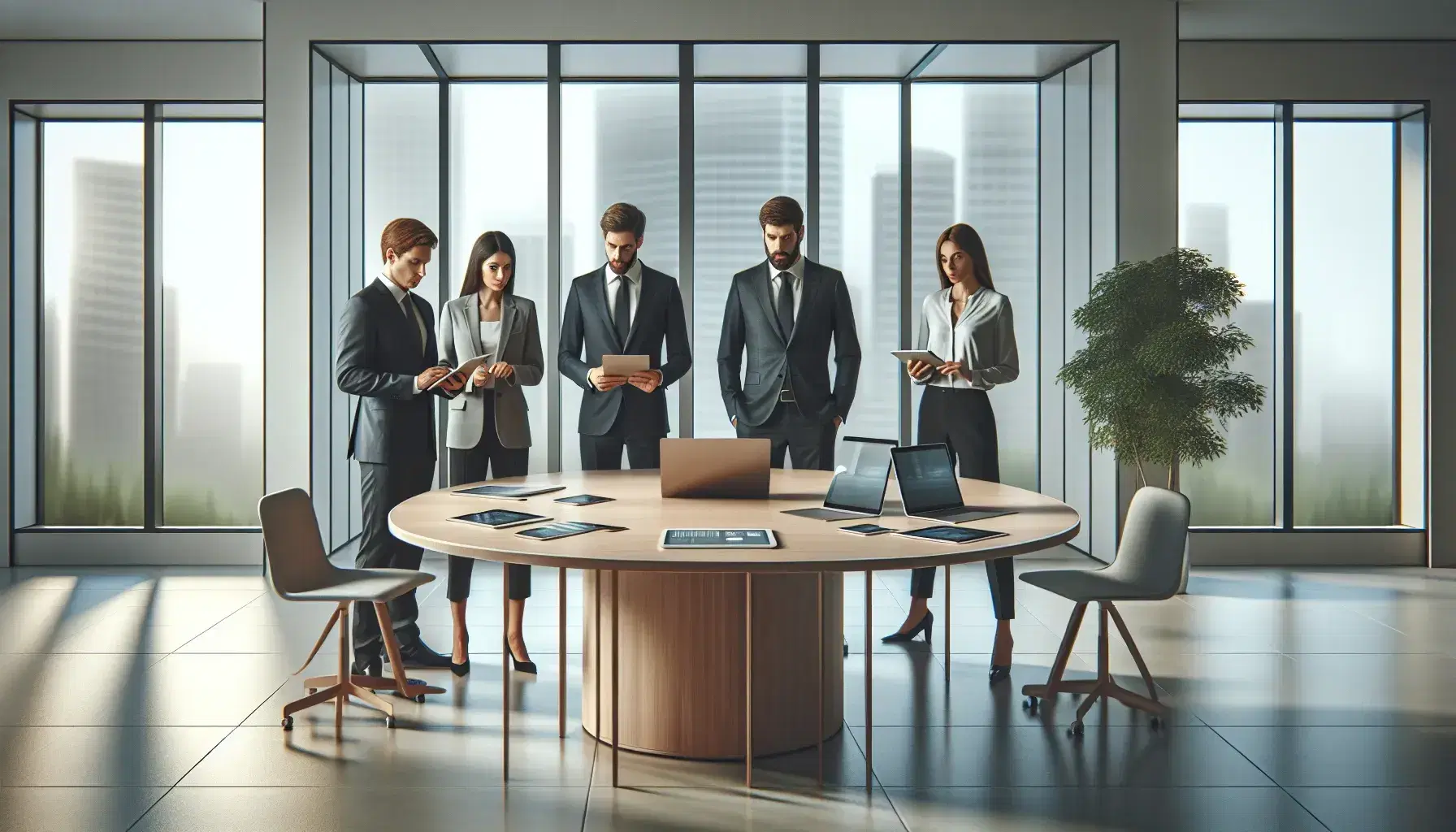 Grupo de cinco profesionales en reunión de trabajo en sala iluminada con mesa ovalada, dispositivos electrónicos y ventana con vista a edificios.