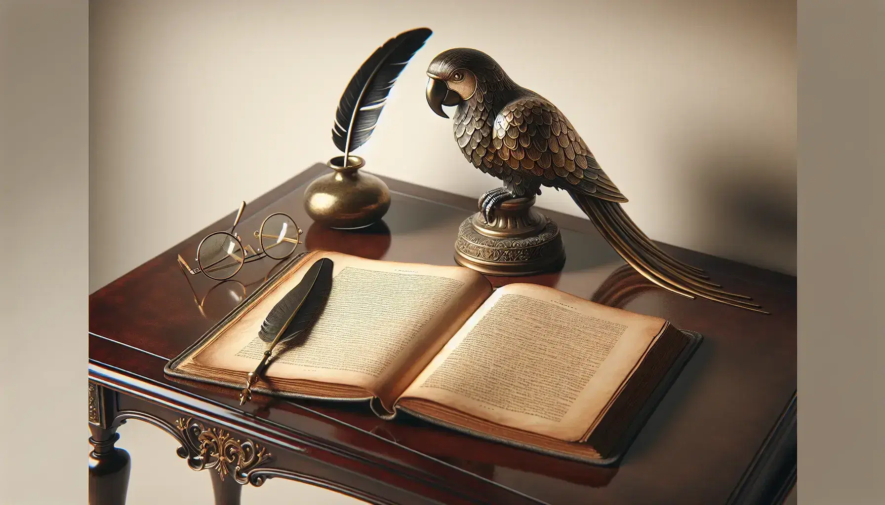 Vintage writing desk with open hardcover book, brass parrot figurine, quill in inkwell, and round wire-rimmed eyeglasses, against an off-white background.