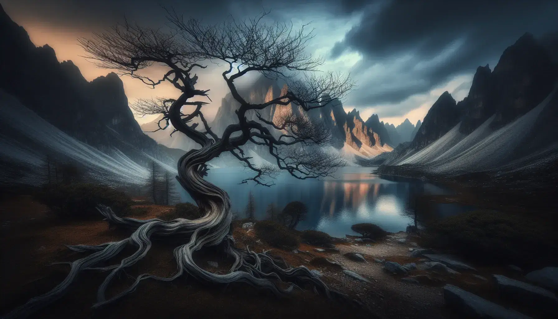 Paisaje romántico con árbol desnudo y retorcido en primer plano, lago sereno y montañas neblinosas al fondo, y figura solitaria en atuendo del siglo XIX contemplando la escena.