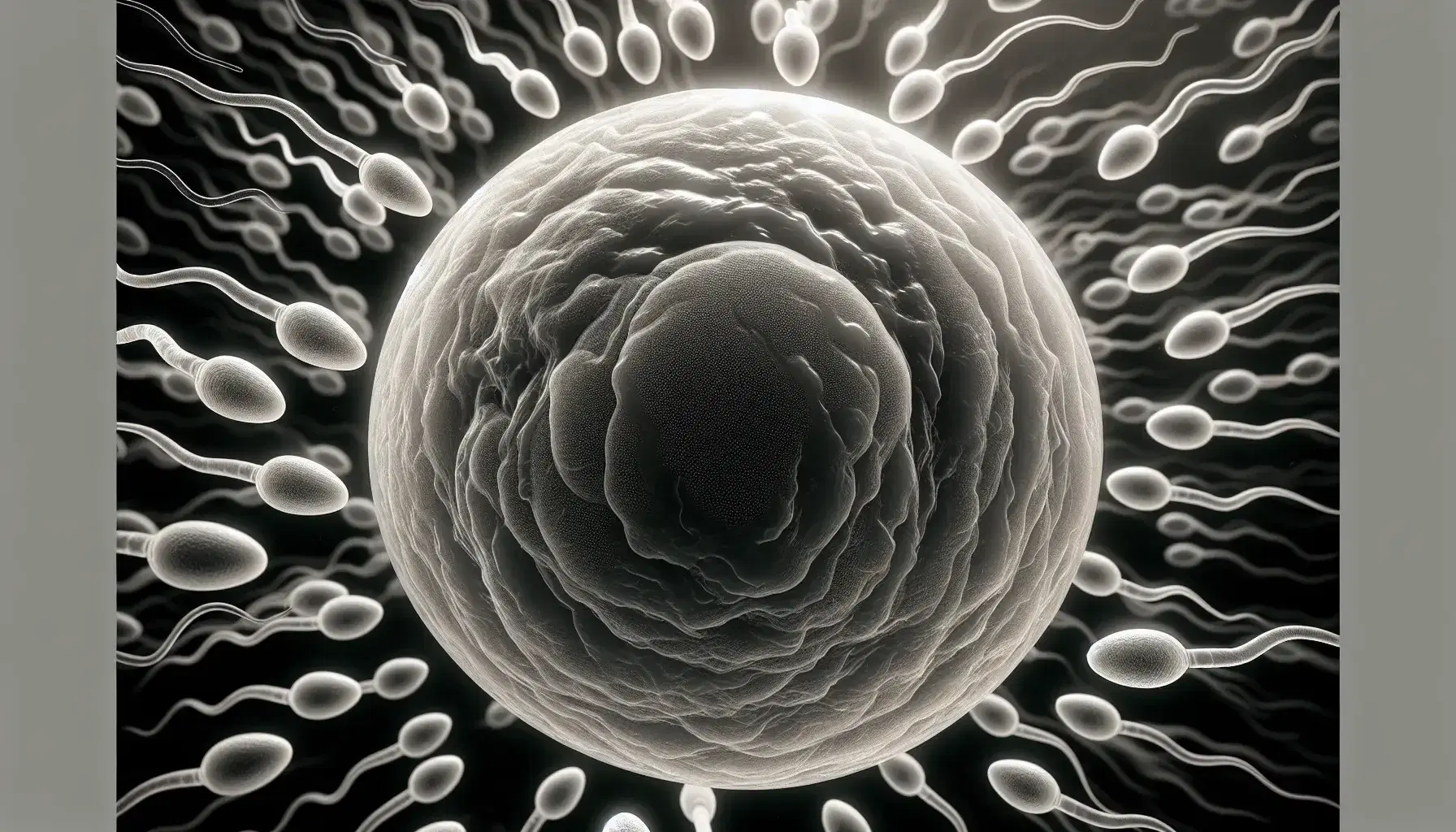 Ovulo umano trasparente circondato da spermatozoi con teste grigie e code sinuose su sfondo sfocato grigio-nero.