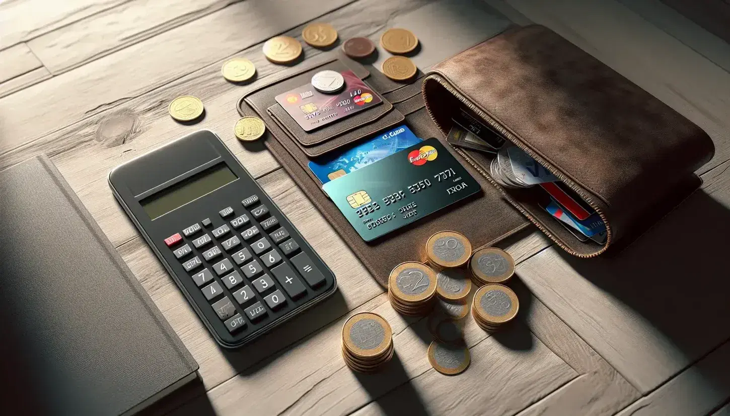 Mesa de madera clara con calculadora gris, cartera de cuero con tarjetas de crédito asomando, monedas apiladas, smartphone y papel en blanco.