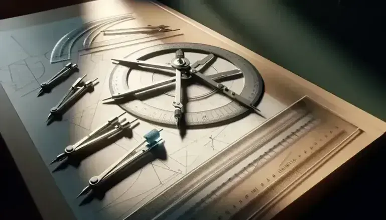 Scrivania in legno chiaro con compasso, righello, goniometri trasparenti e foglio con disegni geometrici, sfondo lavagna verde.