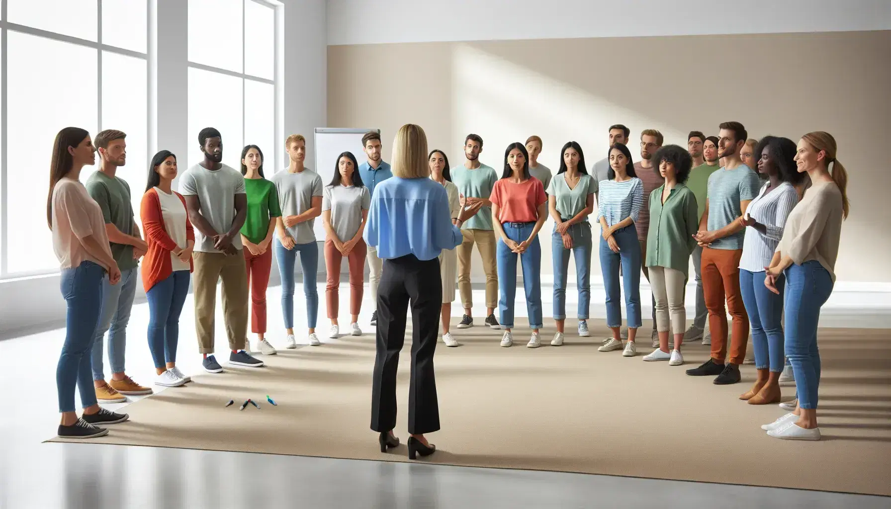 Grupo diverso de personas en semicírculo participando en una reunión colaborativa con una mujer presentando, ambiente luminoso y elementos de trabajo como pizarra y mesa redonda.