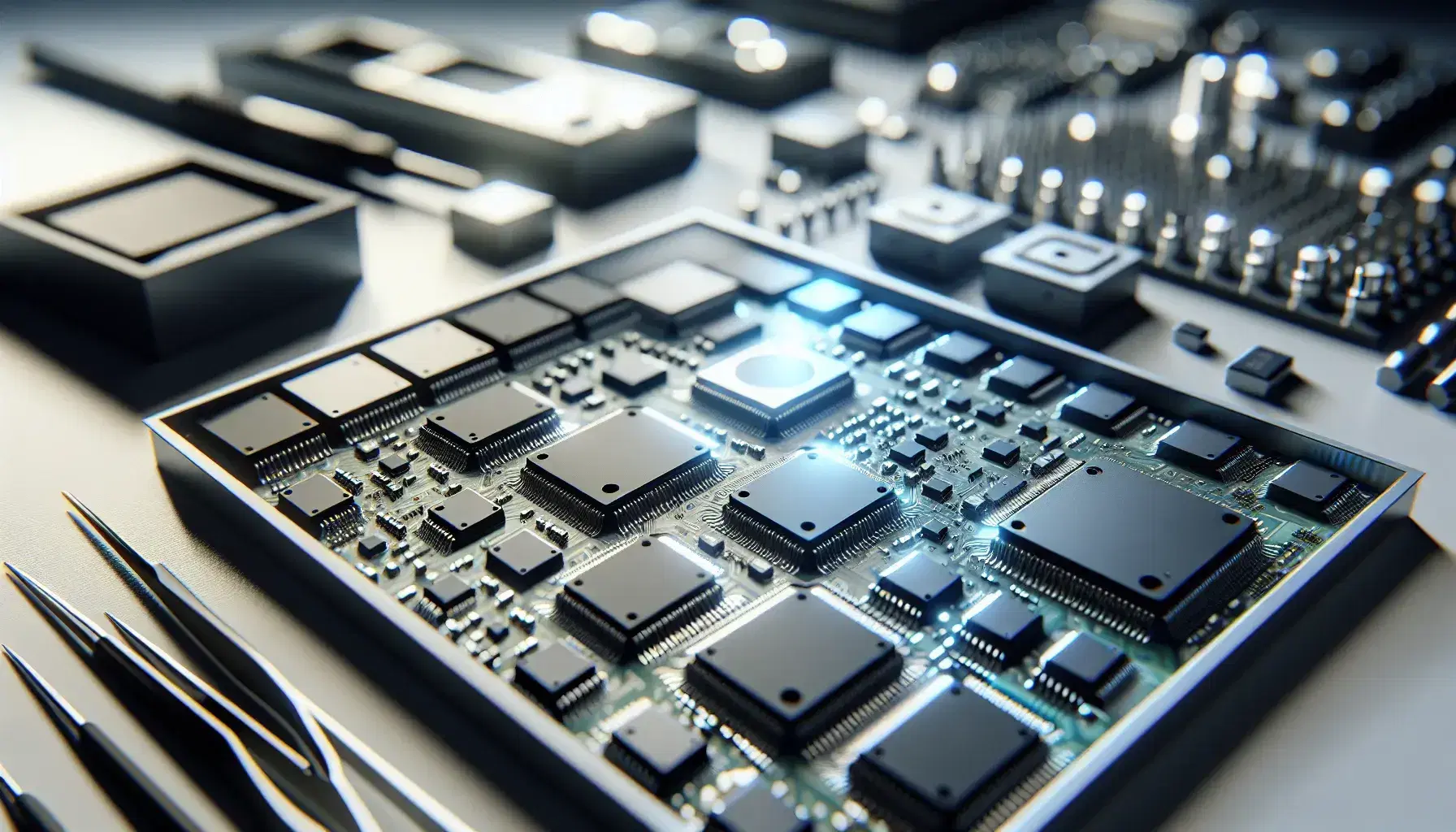 Microchip integrati di varie dimensioni su tavolo chiaro, con connessioni metalliche che riflettono la luce, sfondo sfocato con strumenti elettronici.