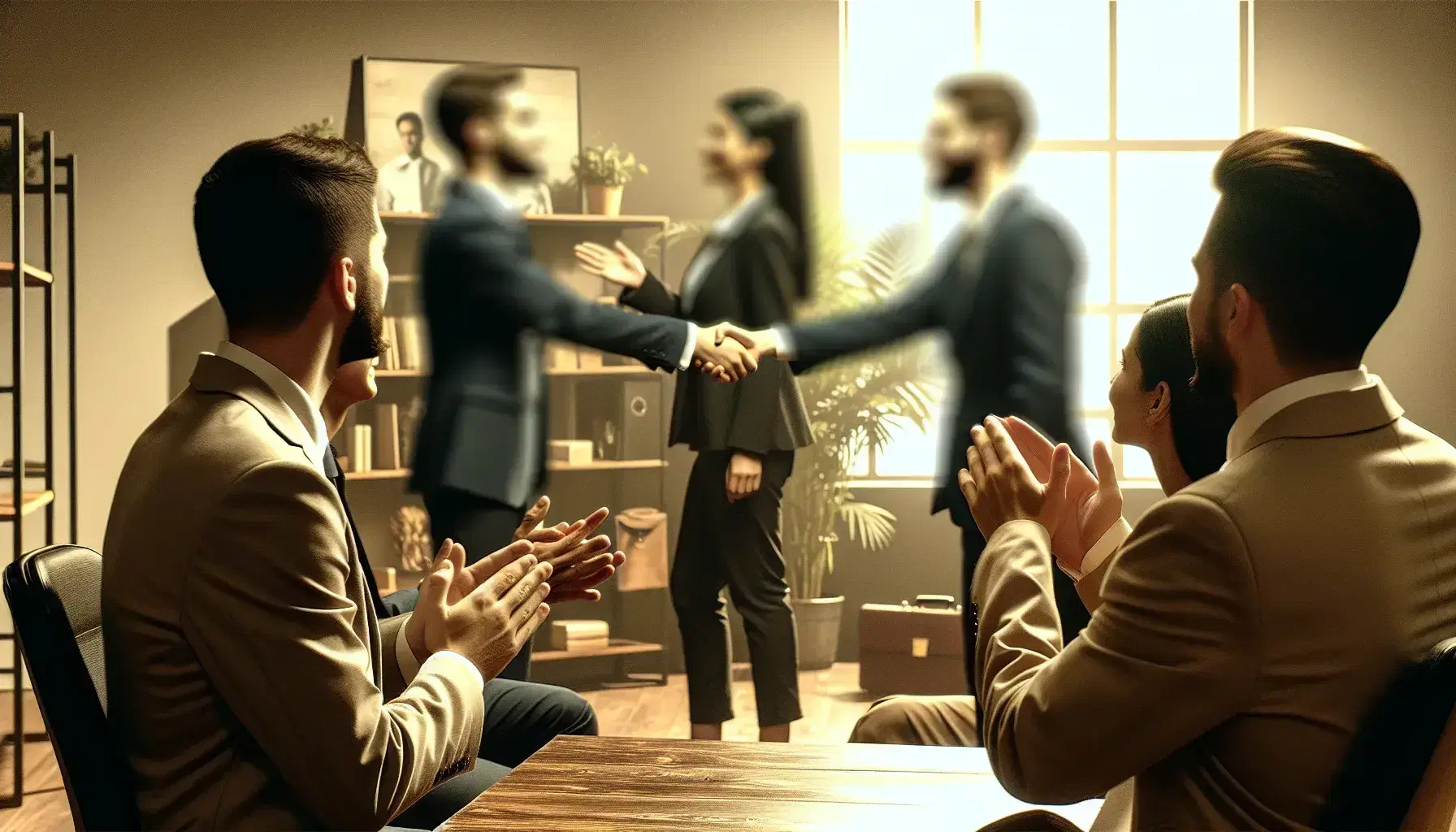 Gruppo di professionisti in abiti formali si stringono la mano in ufficio, con tre osservatori, due dei quali applaudono.