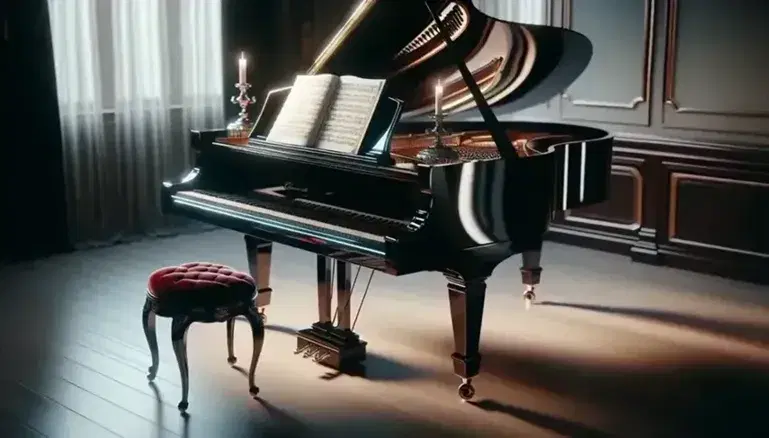 Piano de cola negro brillante con tapa abierta y mecanismo visible, junto a silla clásica y partitura sobre atril en habitación iluminada y elegante.