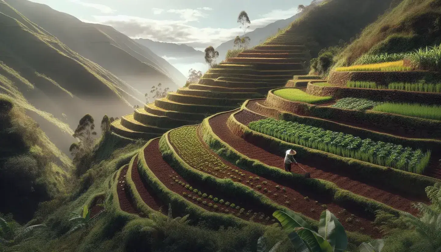 Terrazas agrícolas en ladera de montaña con muros de piedra, cultivos verdes, cielo azul claro y campesino trabajando la tierra.