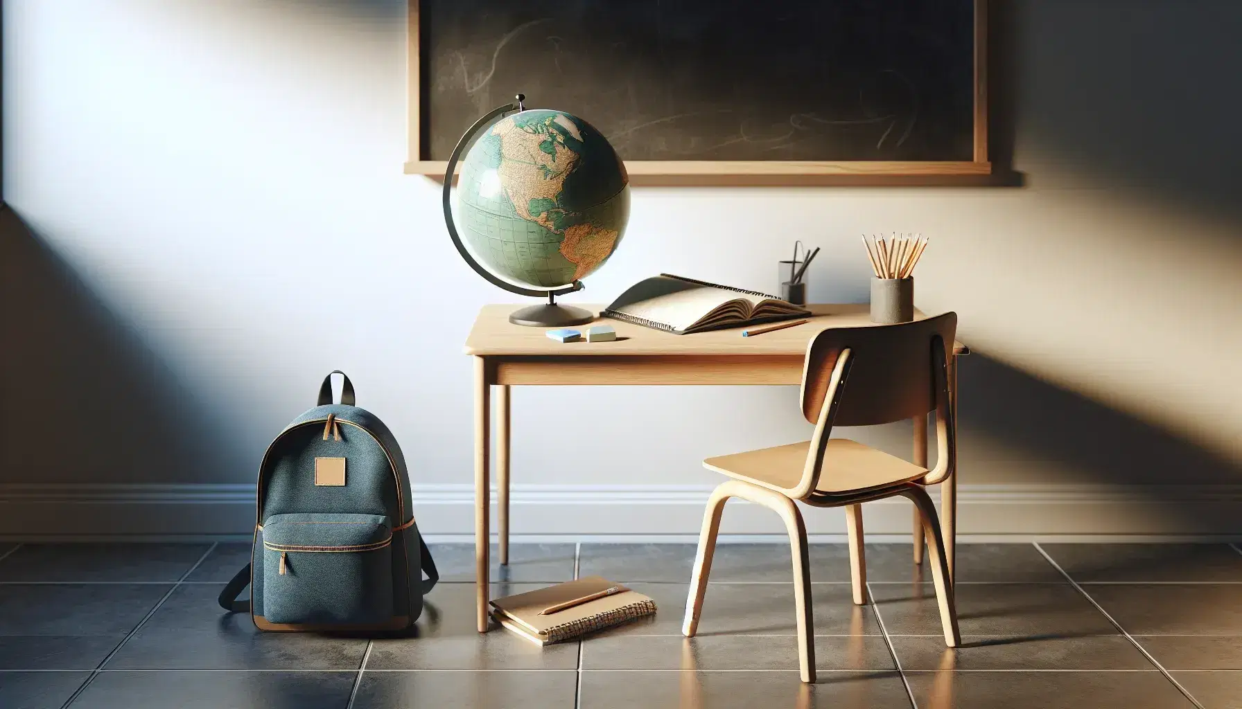 Scrivania scolastica in legno chiaro con globo, matita affilata, quaderno a spirale aperto, zaino blu su sedia abbinata e lavagna vuota sullo sfondo.