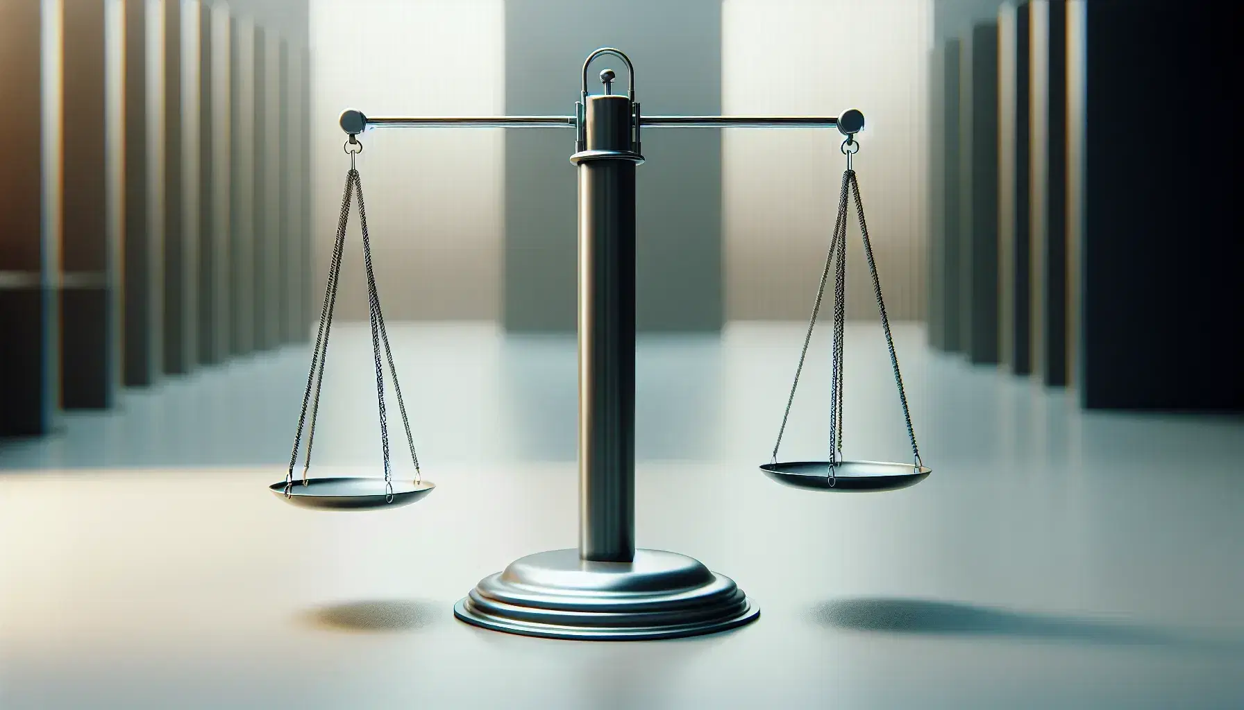 Balanza de precisión de brazos iguales en equilibrio sobre superficie plana, con platos grises suspendidos por cadenas y soporte central negro en ambiente controlado.
