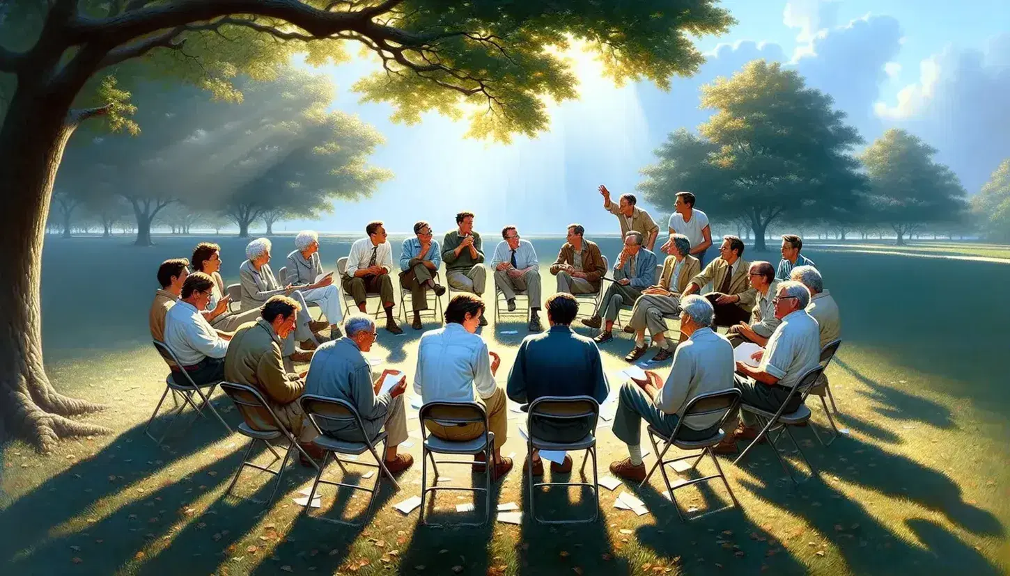 Gruppo eterogeneo seduto in cerchio su sedie pieghevoli in un parco, discutendo attorno a un tavolo con fogli e penne, sotto alberi e cielo azzurro.