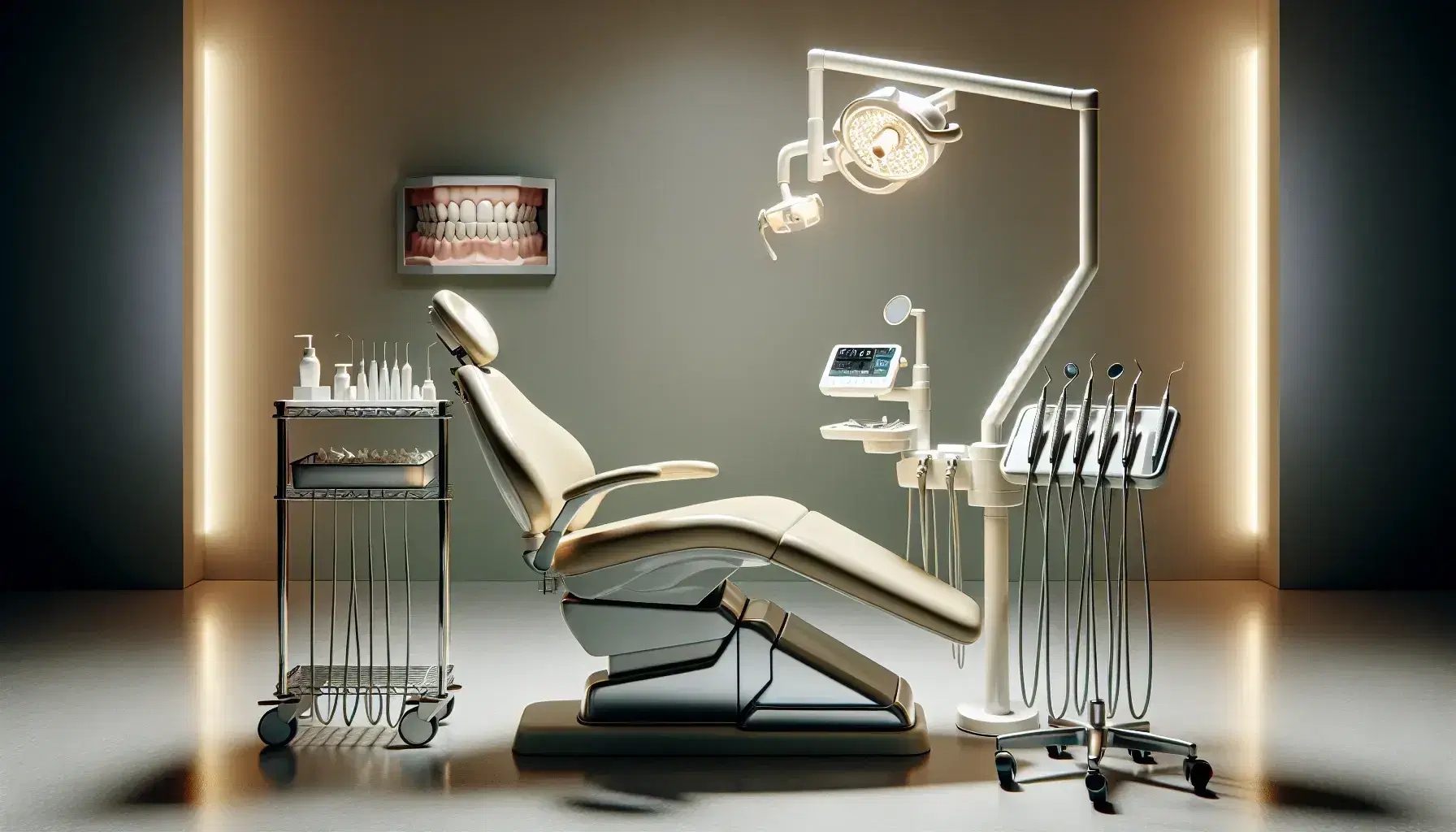 Consultorio dental moderno con silla de paciente iluminada por lámpara LED, carrito de instrumentos quirúrgicos y modelo de dientes en estante.