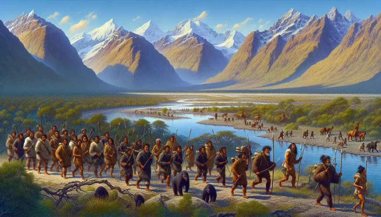 Grupo de indígenas con atuendos tradicionales caminando en valle con río y montañas nevadas al fondo bajo cielo azul.