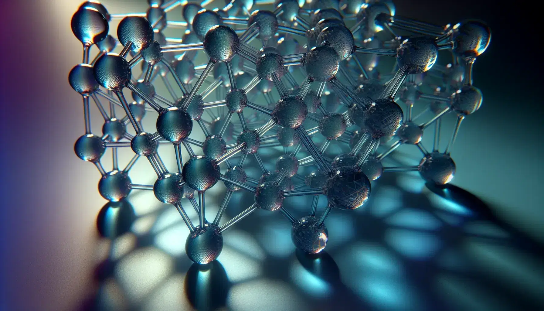Transparent glass lattice structure with interconnected spherical nodes and cylindrical beams, reflecting light with multicolored shadows on a blurred background.
