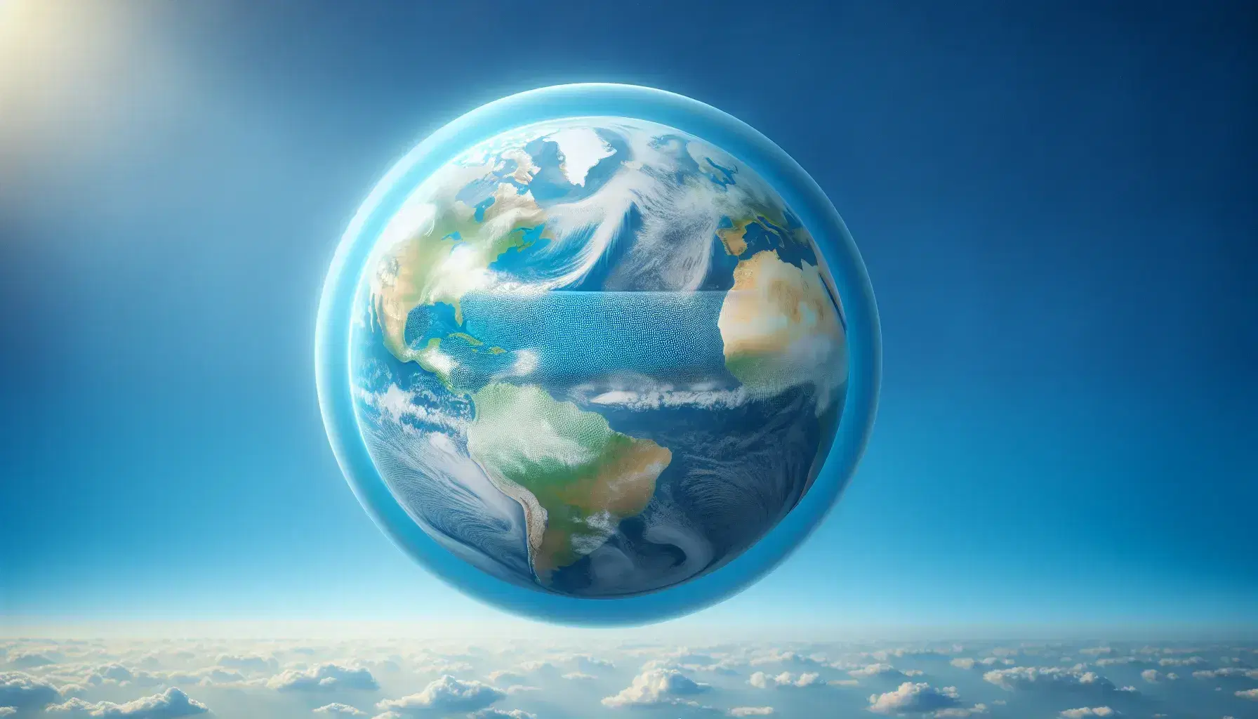 Globo terráqueo flotante con continentes verdes y marrones y océanos azules bajo cielo despejado, rodeado por capa de ozono con área adelgazada.