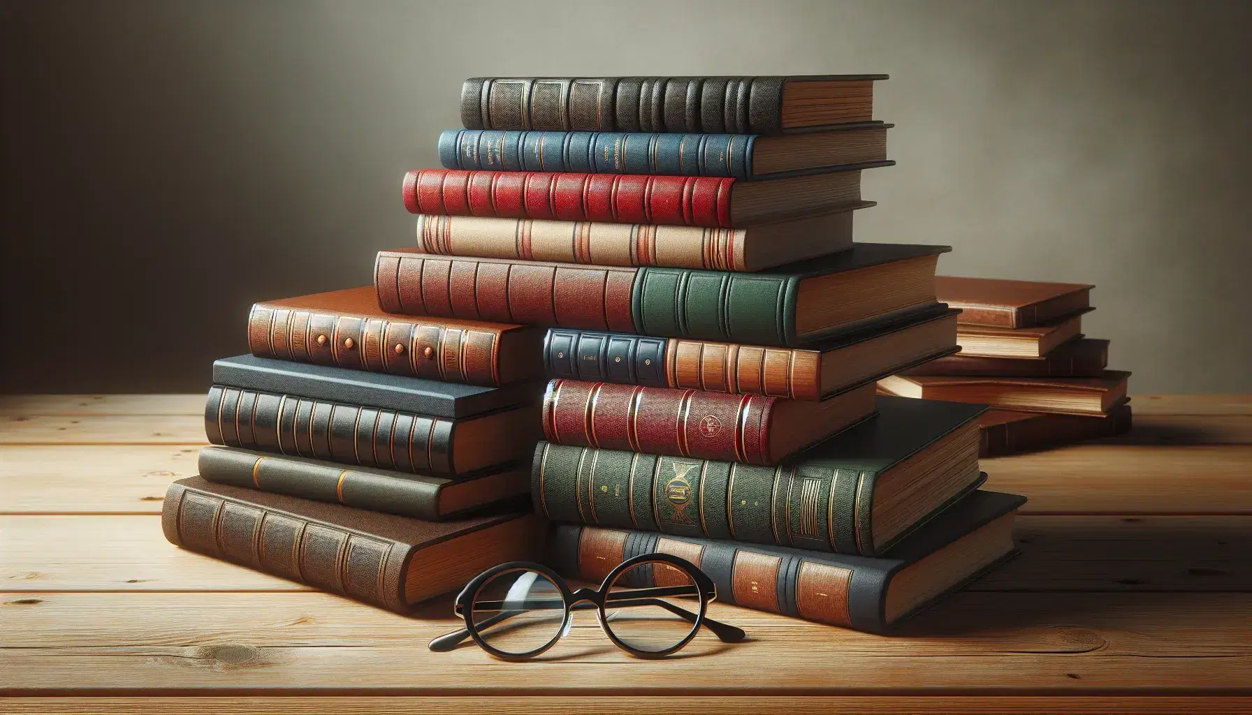 Stacked books on a wooden table beside black-rimmed glasses, with a ceramic mug of steaming beverage in the soft-lit background.