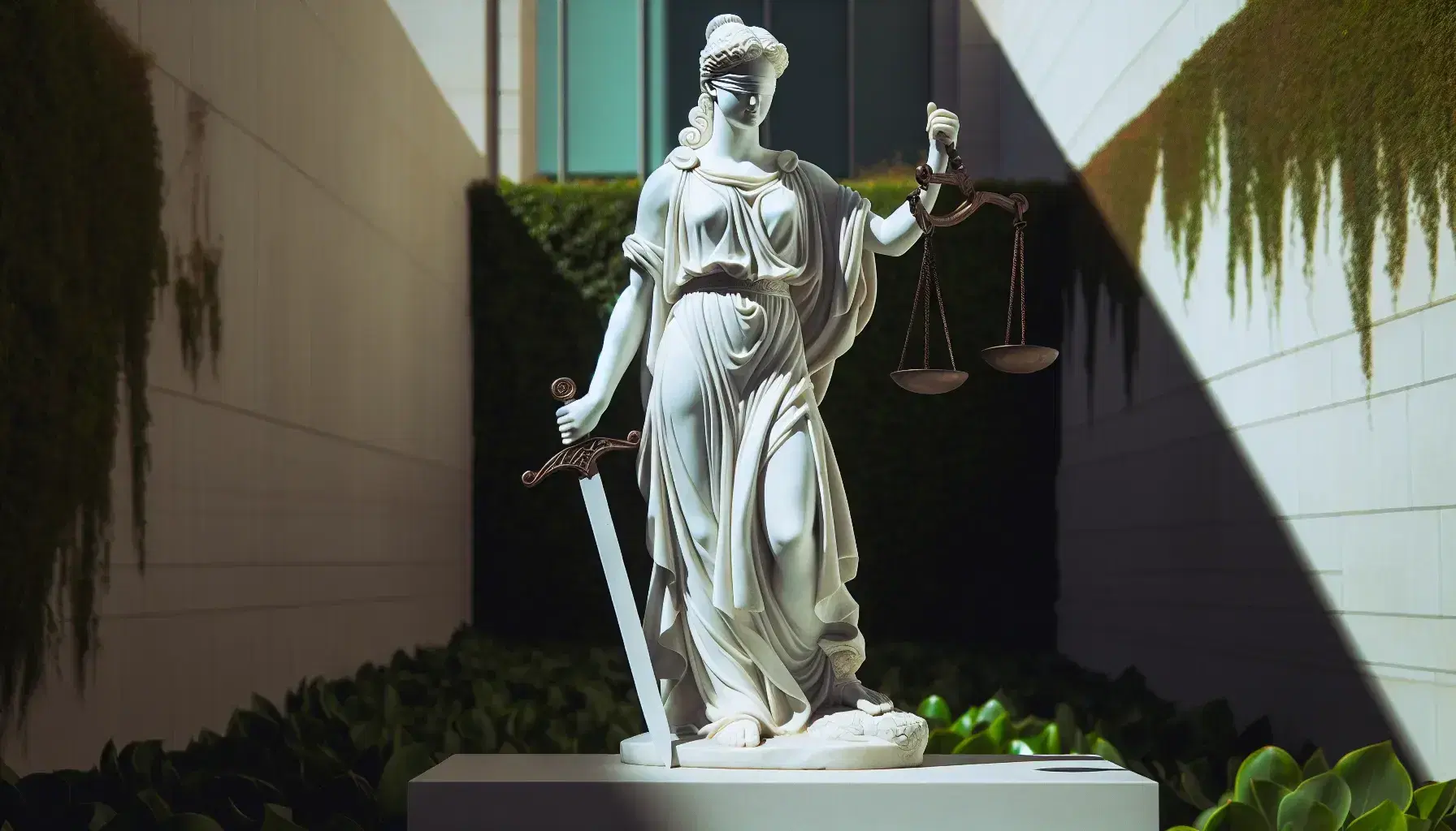Escultura de mármol blanco de Themis, diosa griega de la justicia, con los ojos vendados, sosteniendo una balanza y una espada, en un entorno verde al aire libre.