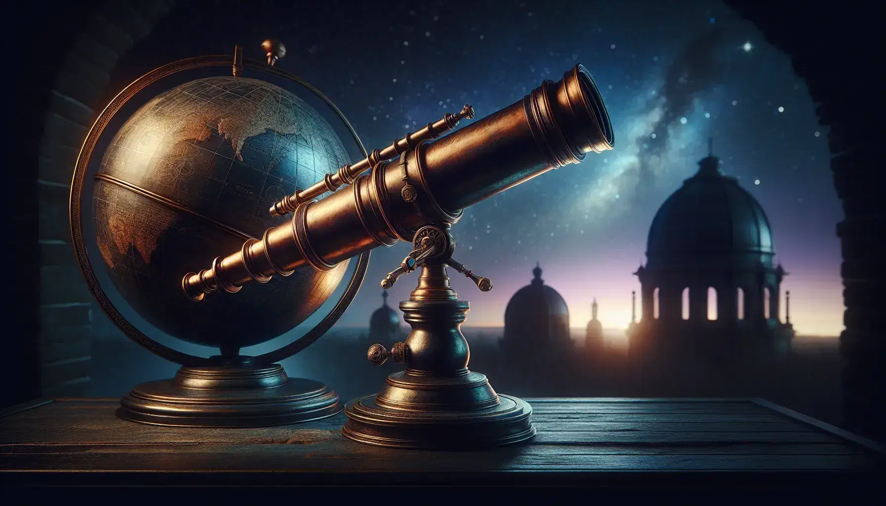 Telescopio antico in bronzo su treppiede di legno con sfondo di cupola osservatorio astronomico al crepuscolo e globo terrestre illuminato.