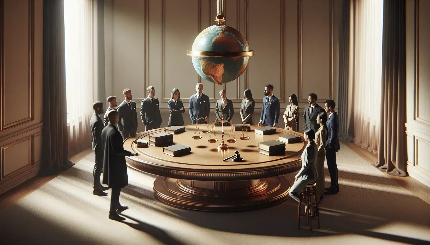 Diverse group of professionals in formal wear engaged in discussion around a polished table with a globe, books, gavel, and balanced scales.