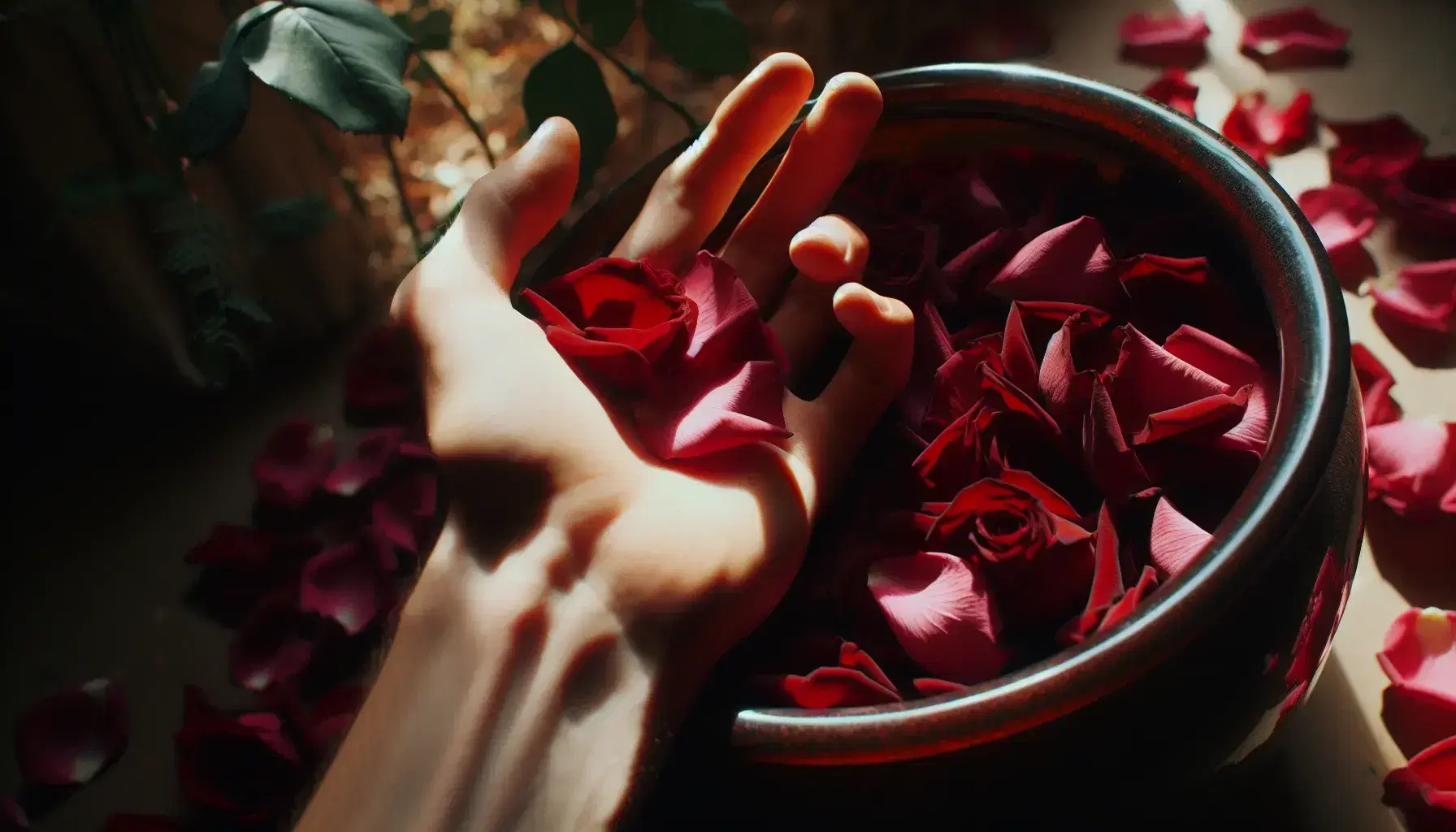 Mano umana sfiora delicatamente petali di rosa rossi in un vaso, con sfondo sfocato naturale che suggerisce piante e terra.