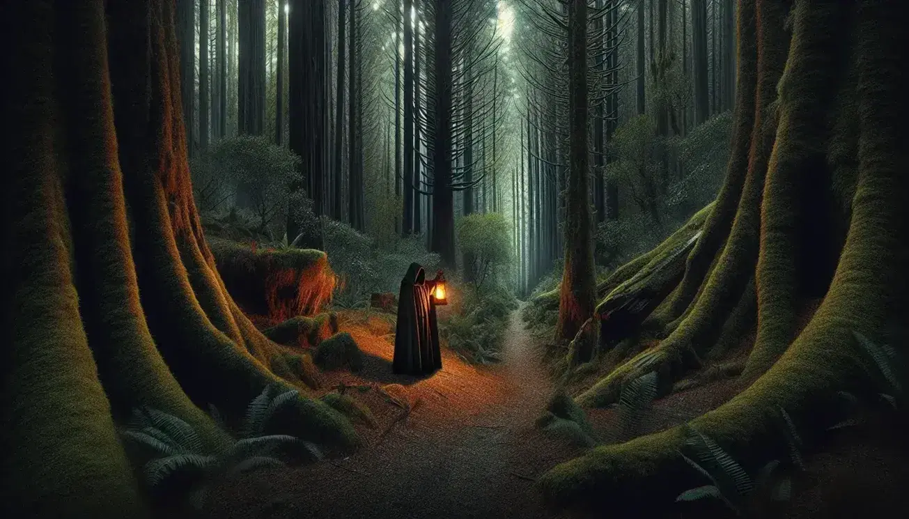 Persona in abito medievale con lanterna illumina sentiero in foresta oscura e fitta.