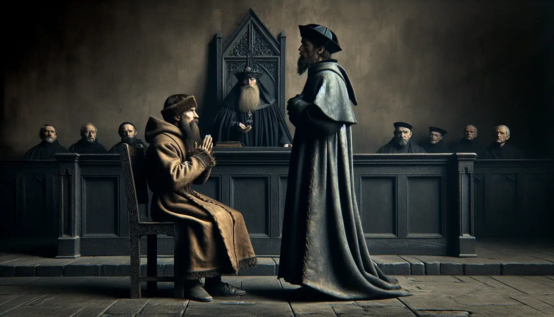 Scena medievale in aula con giudice in toga marrone e cappello mitra, uomo in abito beige supplicante e figura con mantello blu e pergamena.