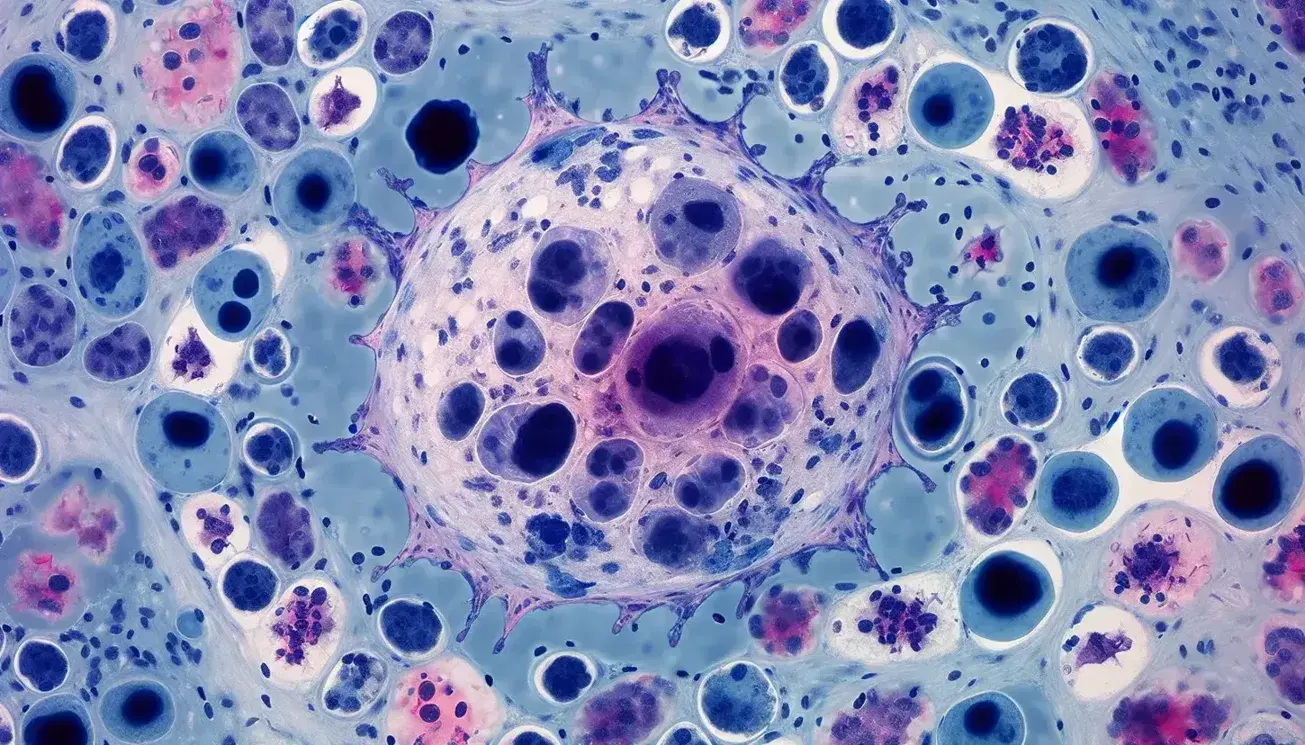 Vista microscópica de células humanas con célula grande tipo macrófago y células menores que parecen linfocitos, teñidas en azules y violetas.