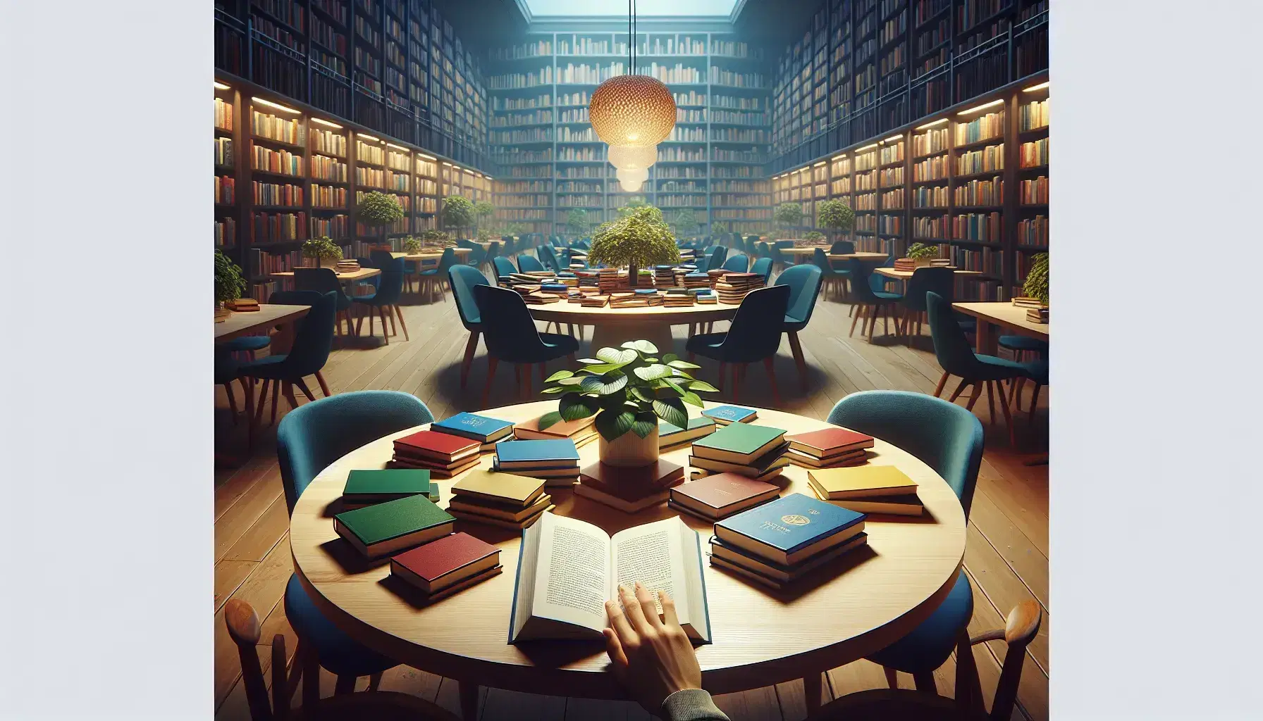 Tavolo rotondo in legno con sedie blu in biblioteca, libri variopinti sparsi, mano che tiene un libro aperto, scaffali sfocati e pianta verde.